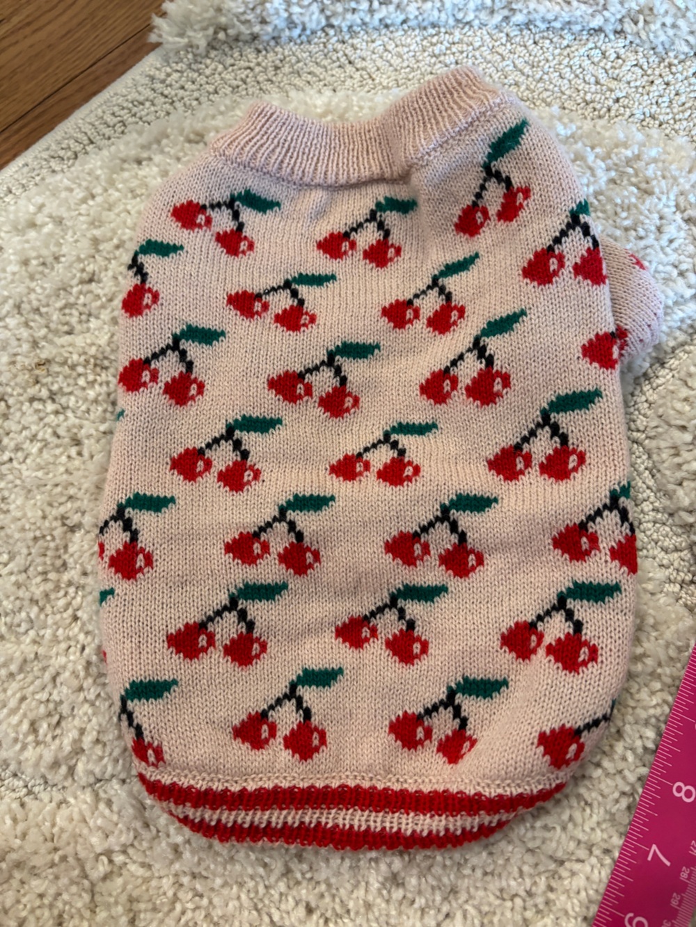 Pink Cherry-Print Dog Sweater - Cute Knit Pet Pullover EUC - Medium